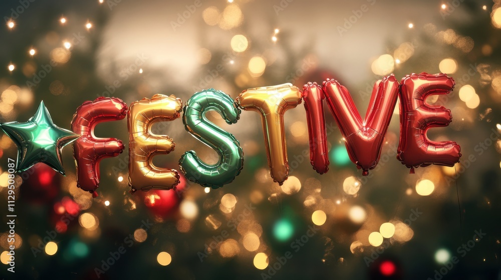 Bright, colorful letters spell festive amid a backdrop of sparkling lights and Christmas decorations, creating a joyful holiday spirit. Generative AI Bright, colorful letters spell festive amid a backdrop of sparkling lights and Christmas decorations, creating a joyful holiday spirit. Generative AI