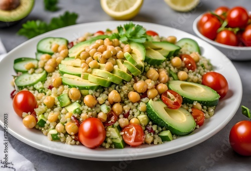 Vibrant quinoa salad with chickpeas, avocado, cherry tomatoes, and cucumber, topped with a refreshing lemon vinaigrette, ai.