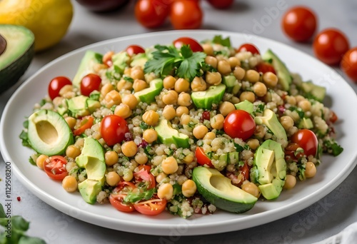 Vibrant quinoa salad with chickpeas, avocado, cherry tomatoes, and cucumber, topped with a refreshing lemon vinaigrette, ai.