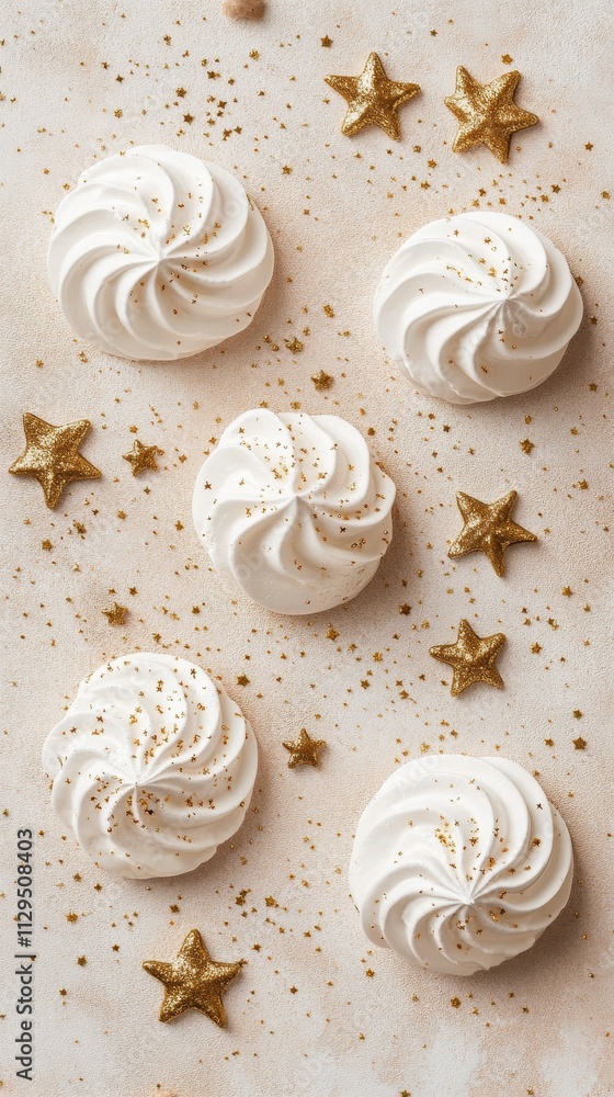 Decorative meringue cookies with gold stars on a light surface for festive celebrations Decorative meringue cookies with gold stars on a light surface for festive celebrations