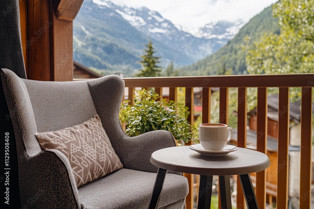 Fototapeta premium Cozy balcony with scenic mountain view and a cup of coffee in a peaceful afternoon setting. Generative AI