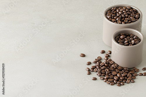 rich mocha-toned ceramic coffee set, artfully arranged with scattered roasted beans photo