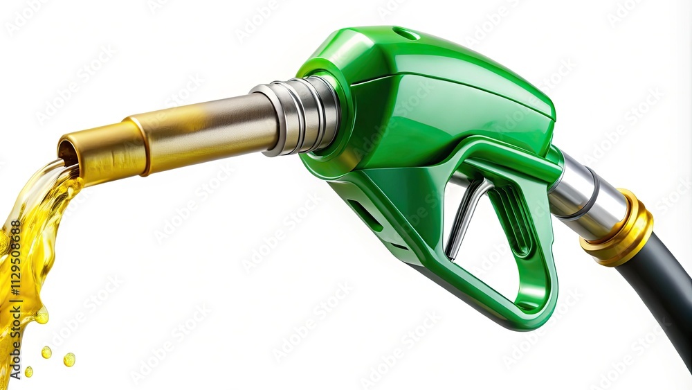 A panoramic view shows a green gas pump nozzle pouring yellow engine oil against a stark white background. A panoramic view shows a green gas pump nozzle pouring yellow engine oil against a stark white background.