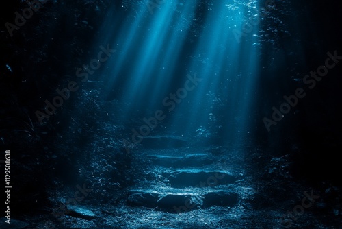 Dark forest trail illuminated by mystical moonbeams