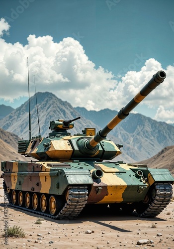Military tank with camouflage in mountainous terrain