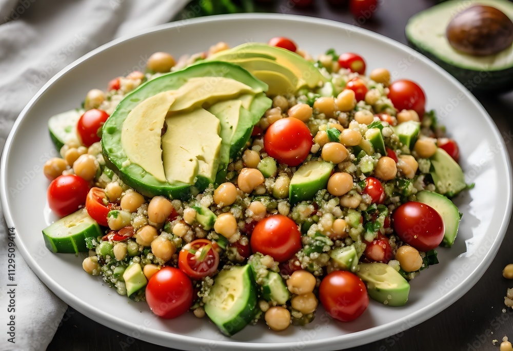 A colorful quinoa salad featuring chickpeas, avocado, cherry tomatoes, and cucumber, drizzled with lemon vinaigrette, ai. A colorful quinoa salad featuring chickpeas, avocado, cherry tomatoes, and cucumber, drizzled with lemon vinaigrette, ai.