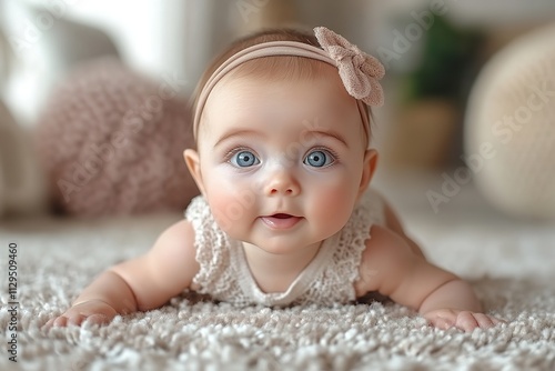 A child embarking on her initial steps upon a plush carpet. The scene exudes happiness, purity, and the essence of development, rendering it ideal for themes related to family photo