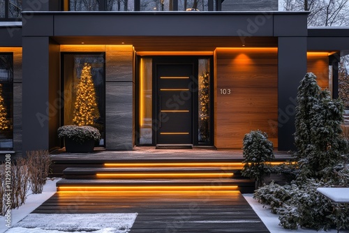 Modern home entrance with minimalist winter decorations and illuminated doorway