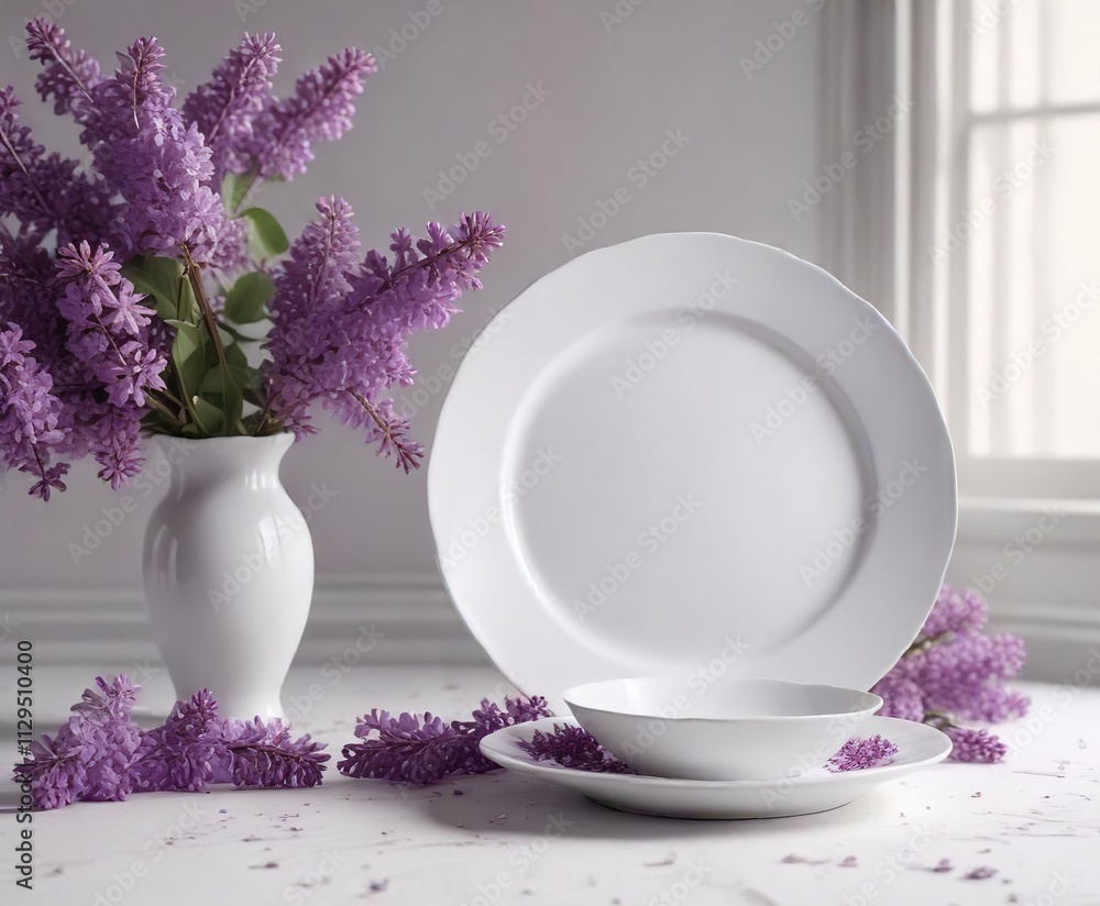 Lilac flowers scattered around a beautiful white porcelain plate , simplicity, lilac Lilac flowers scattered around a beautiful white porcelain plate , simplicity, lilac