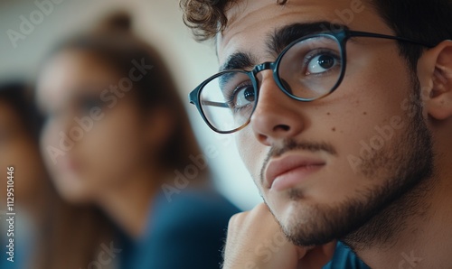 A thoughtful young man listening in a classroom setting.