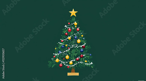 Festive Christmas Tree Illustration  Decorated Evergreen with Ornaments   Lights