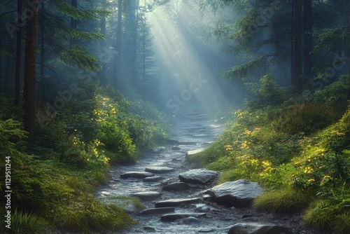 Dark forest trail illuminated by mystical moonbeams photo