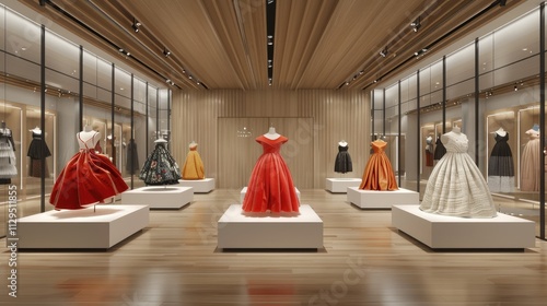 Elegant gowns displayed on mannequins in a modern showroom with wooden floors and glass showcases.