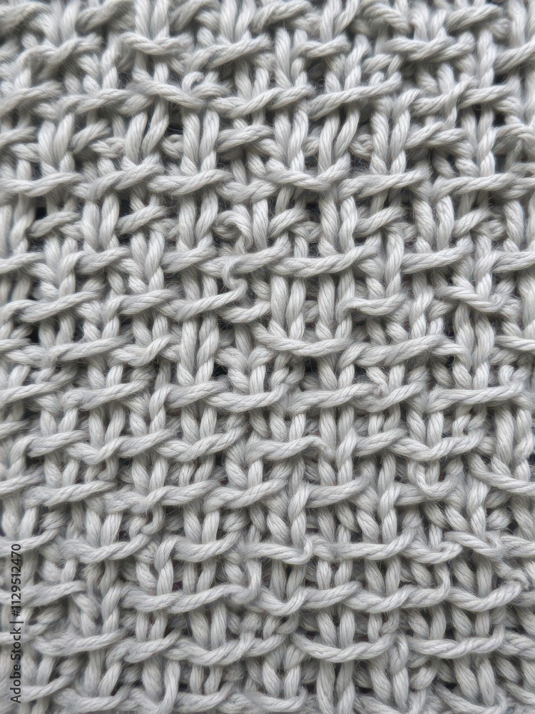 Close-up of a seamless knitted fabric texture in shades of gray and white, displaying intricate loops and stitches, soft Close-up of a seamless knitted fabric texture in shades of gray and white, displaying intricate loops and stitches, soft