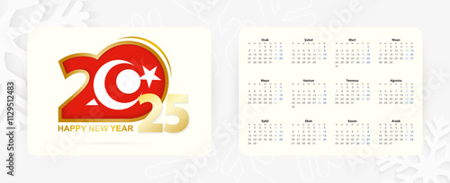 Horizontal Pocket Calendar 2025 in Turkish language. New Year 2025 icon with flag of Turkey.