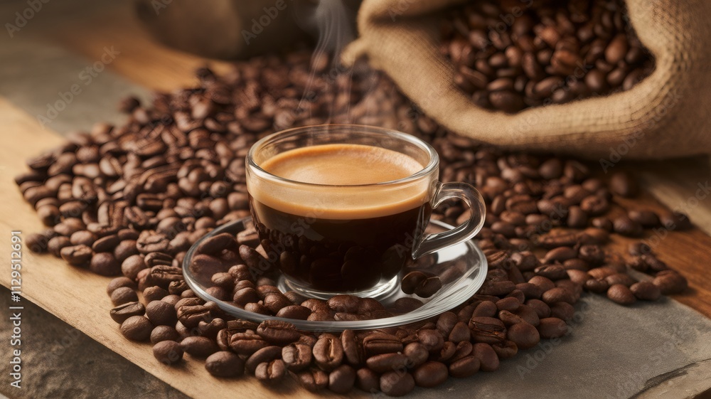 Espresso Perfection: A steaming cup of espresso sits amidst a bed of roasted coffee beans, promising a rich, aromatic experience. The burlap sack and wooden surface add a rustic touch. Espresso Perfection: A steaming cup of espresso sits amidst a bed of roasted coffee beans, promising a rich, aromatic experience. The burlap sack and wooden surface add a rustic touch.
