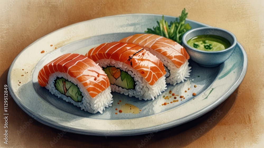 Delicious Salmon Sushi Rolls Served on Plate Delicious Salmon Sushi Rolls Served on Plate