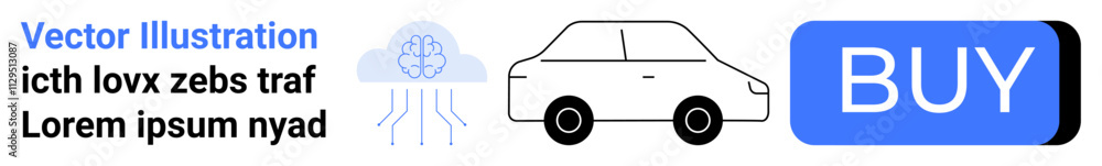 Blue text, cloud with circuits, black and white car, rectangular blue button with BUY. Ideal for technology, automation, automotive, e-commerce, purchase, modern design, smart systems. Landing page Blue text, cloud with circuits, black and white car, rectangular blue button with BUY. Ideal for technology, automation, automotive, e-commerce, purchase, modern design, smart systems. Landing page