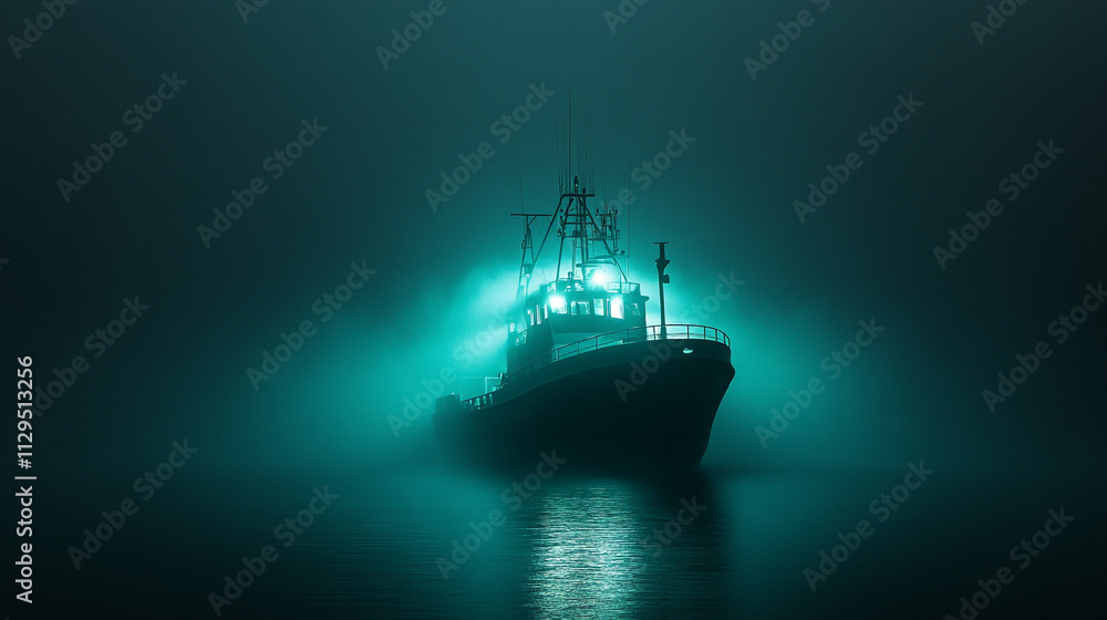 Mysterious Ship at Night Foggy Sea Ocean Vessel Dark Waters Mysterious Ship at Night Foggy Sea Ocean Vessel Dark Waters