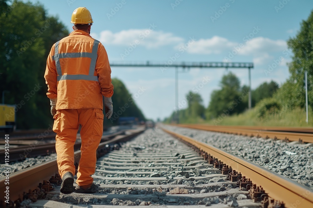 Construction worker wearing in uniform and building railway lines Construction worker wearing in uniform and building railway lines