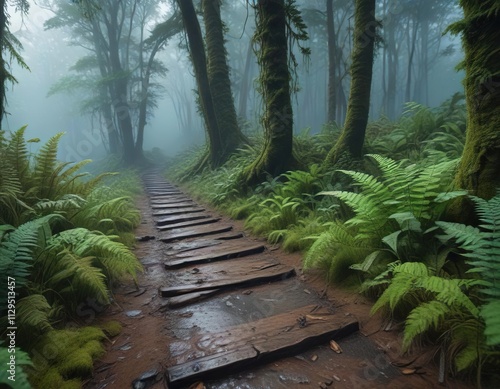 Muddy forest trail with ferns and moss in a grunge blue environment , forest trail, decaying matter, overgrowth