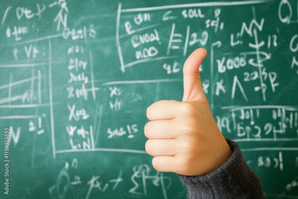 Student shows a thumbs up in front of a green chalkboard filled with complex math equations during a classroom session Student shows a thumbs up in front of a green chalkboard filled with complex math equations during a classroom session