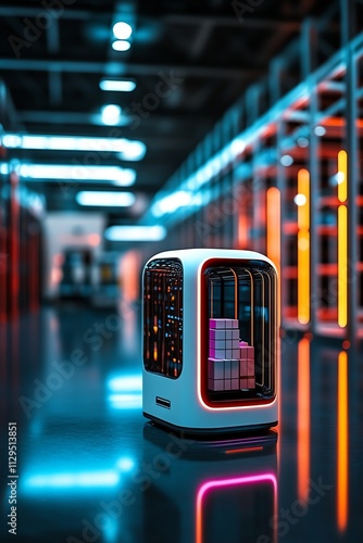 Futuristic server in a neon-lit data center, showcasing modern tech innovation.