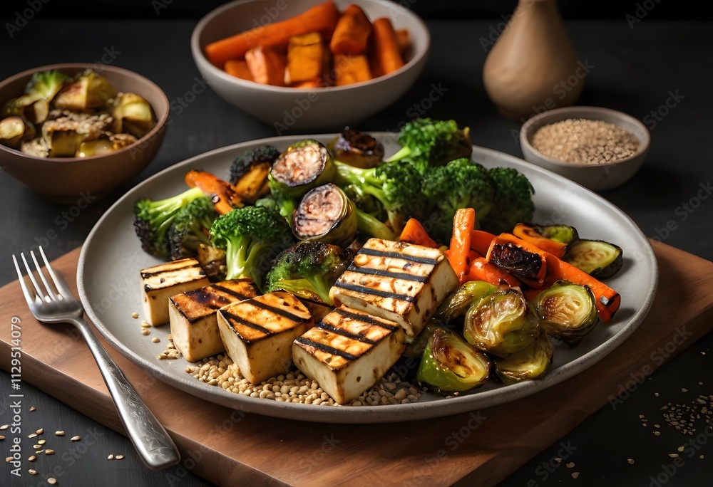 Grilled tofu with roasted Brussels sprouts, carrots, and broccoli on a white plate, garnished with sesame seeds, ai. Grilled tofu with roasted Brussels sprouts, carrots, and broccoli on a white plate, garnished with sesame seeds, ai.