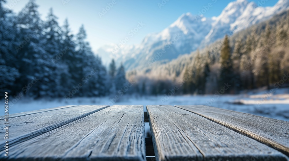 Fototapeta premium Close-up of a wooden picnic table with a frosted surface and snowy mountain landscape in the background. Concept of winter picnic, trekking, and outdoor activities.