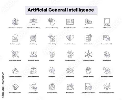 Artificial General Intelligence Icon Set – A Diverse Collection of 30 Illustrations Representing AI’s Capabilities in Ethics, Learning, Decision-Making, Adaptability, and Collaboration
