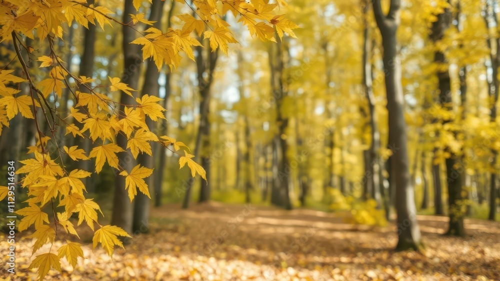 Yellow autumn leaves adorn a wide blurry background of highlights in the forest, texture, highlights Yellow autumn leaves adorn a wide blurry background of highlights in the forest, texture, highlights