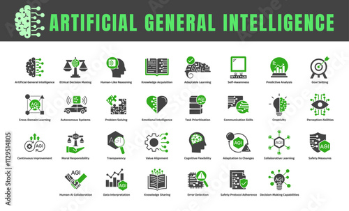 Artificial General Intelligence Icon Set – Visually Captivating Designs Representing AI Ethics, Learning, Collaboration, and Technological Innovations.