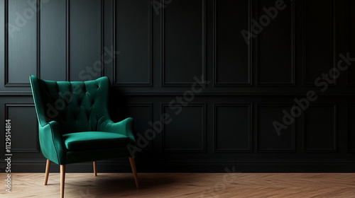 Emerald Velvet Armchair in Dark Panelled Room Interior Design