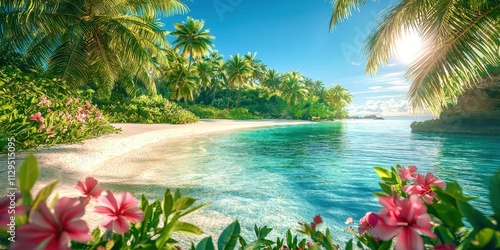 Fototapeta Naklejka Na Ścianę i Meble -  Beautiful beach with a clear blue ocean and pink flowers