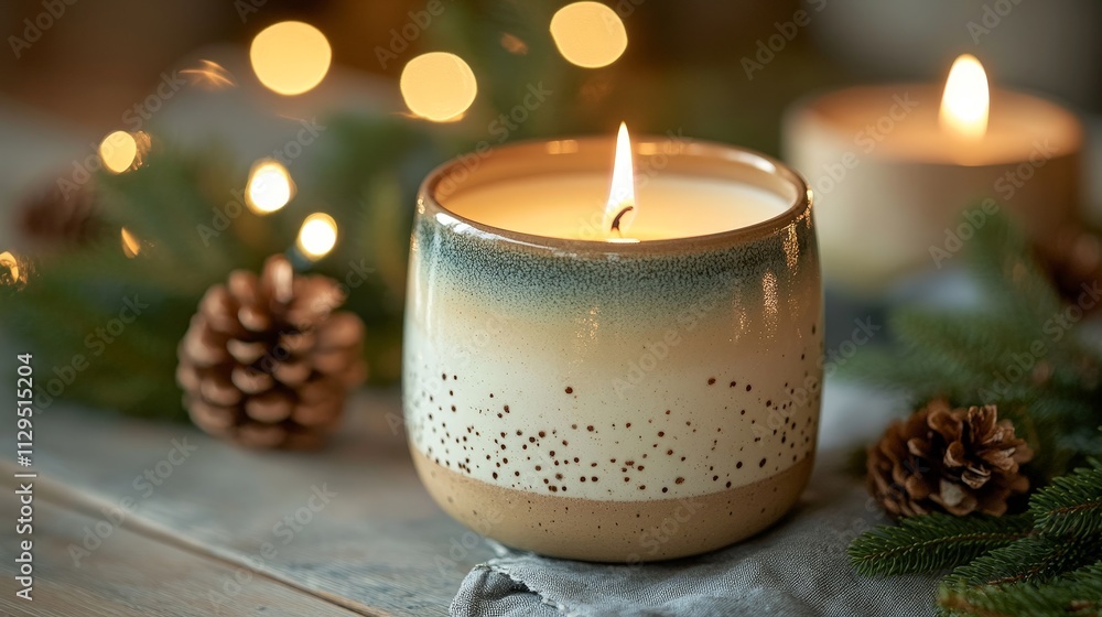 Cozy Candle Display with Christmas Decorations Cozy Candle Display with Christmas Decorations