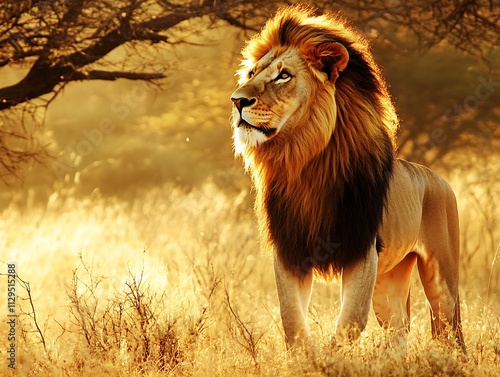 Magnificent Lion Standing in Golden Grassland Bathed in Warm Sunset Light photo