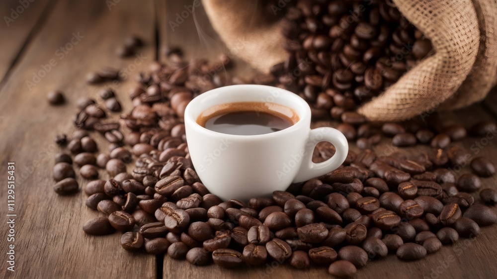 Espresso Delight: Aromatic coffee beans surround a small white cup of espresso, promising a rich and invigorating experience. The burlap sack adds a rustic touch. Espresso Delight: Aromatic coffee beans surround a small white cup of espresso, promising a rich and invigorating experience. The burlap sack adds a rustic touch.