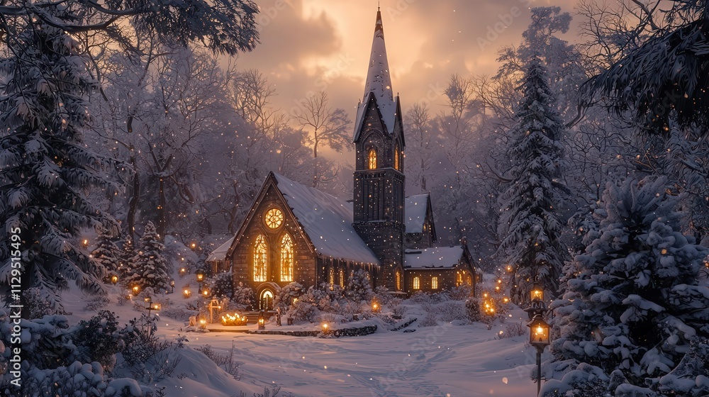 Fototapeta premium Magical winter church at sunset, snow scene.