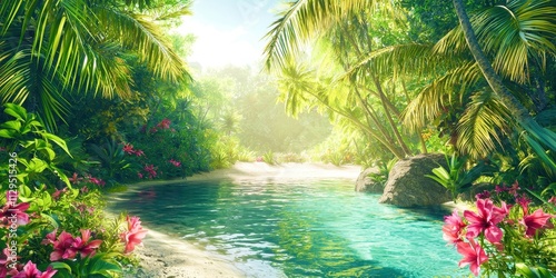 Fototapeta Naklejka Na Ścianę i Meble -  Beautiful tropical scene with a river and palm trees