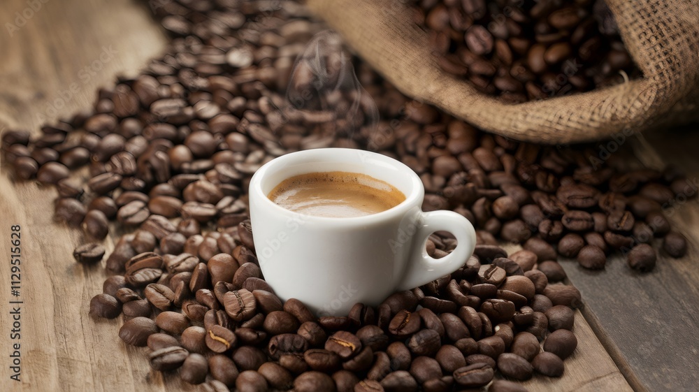 Espresso and Coffee Beans: A steaming cup of espresso rests amidst a bed of roasted coffee beans, with a burlap sack spilling more beans in the background. Espresso and Coffee Beans: A steaming cup of espresso rests amidst a bed of roasted coffee beans, with a burlap sack spilling more beans in the background.