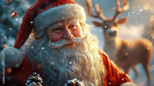 Jolly Santa Claus with reindeer in winter scene.