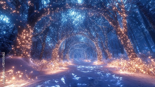 A 5D immersive Christmas journey through a magical forest, where trees light up and gifts appear as the viewer moves forward. 8k, very detail,