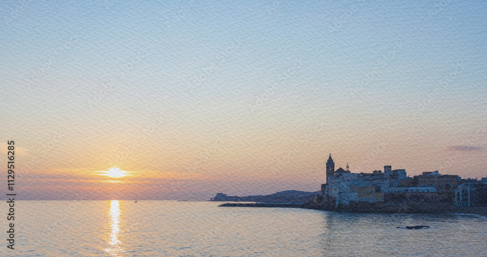 Beautiful sunset over the ocean with a small town in the background Beautiful sunset over the ocean with a small town in the background