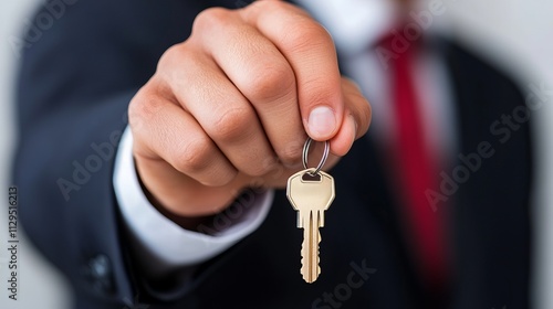 A young Black man in a suit holds up a set of keys, symbolizing success and opportunity.