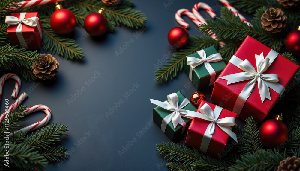 Festive Christmas Scene with Red and Green Gift Boxes, White Satin Bows, Candy Cane, Fir Tree Branches, and Red Baubles on Dark Wooden Background Festive Christmas Scene with Red and Green Gift Boxes, White Satin Bows, Candy Cane, Fir Tree Branches, and Red Baubles on Dark Wooden Background