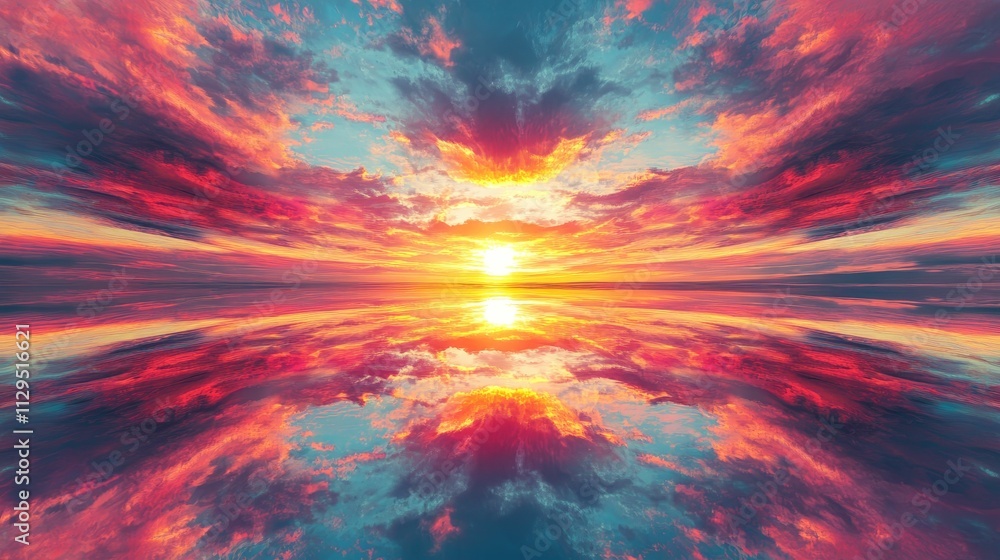 Obraz premium Vibrant sunset mirrored in calm water.