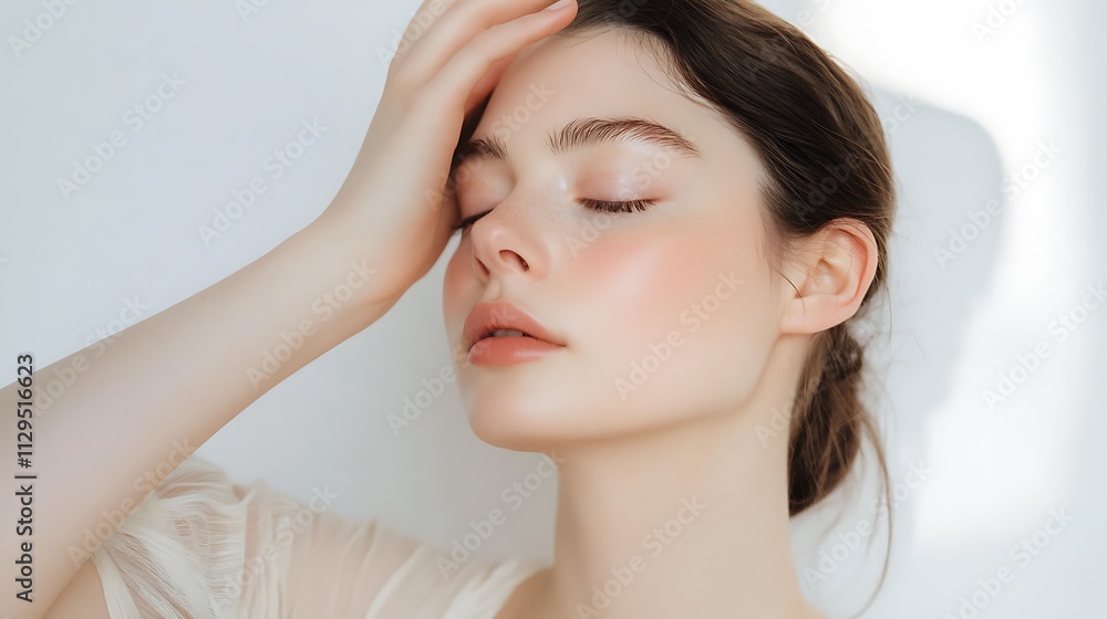 Serene woman with her hand on her forehead, radiating calm and relaxation. Serene woman with her hand on her forehead, radiating calm and relaxation.