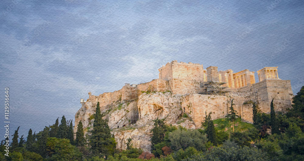 Fototapeta premium Mountain with a castle on top and trees in the foreground