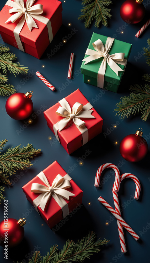 Festive Christmas Scene with Red and Green Gift Boxes, White Satin Bows, Candy Cane, Fir Tree Branches, and Red Baubles on Dark Wooden Background Festive Christmas Scene with Red and Green Gift Boxes, White Satin Bows, Candy Cane, Fir Tree Branches, and Red Baubles on Dark Wooden Background