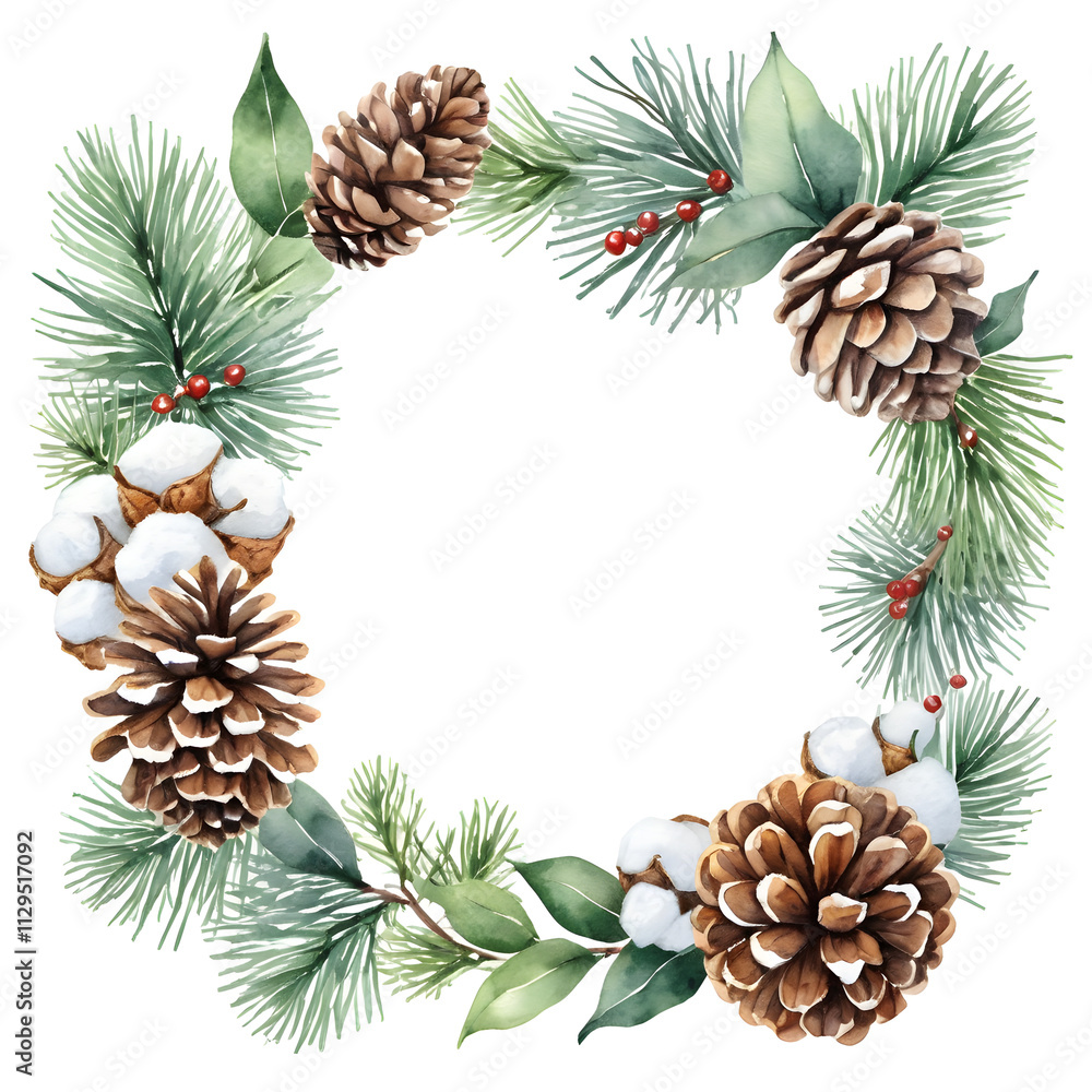 Fototapeta premium Merry Christmas watercolour decor greetings Happy New Year wishes and Xmas elegant Christmas card, with fir branches, pine cone, cotton, leaves, Botanical winter greenery holiday illustration white.
